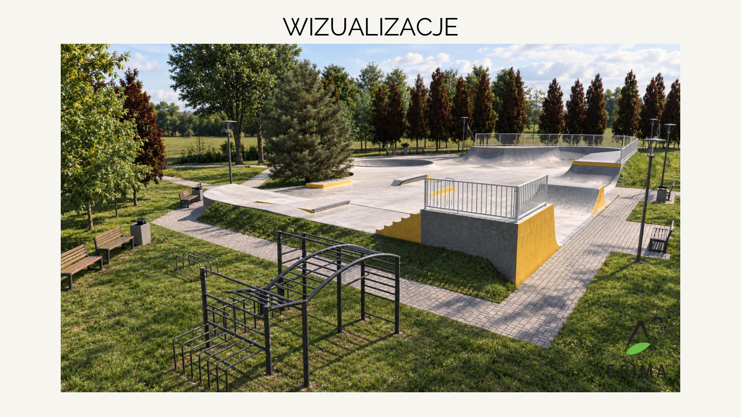 Wizualizacja koncepcji betonowego skateparku przy OSiR wraz z zielenią i strefą ćwiczeń. Autor: GRIMA Architektura i Krajobraz.